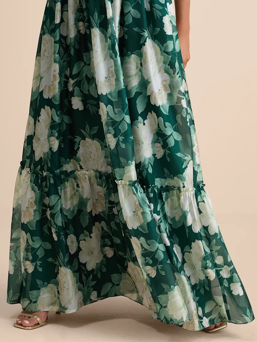 Lulus Floral Maxi Dress Green White Ruffle Strap Empire Waist Size L NWT - Picture 9 of 13